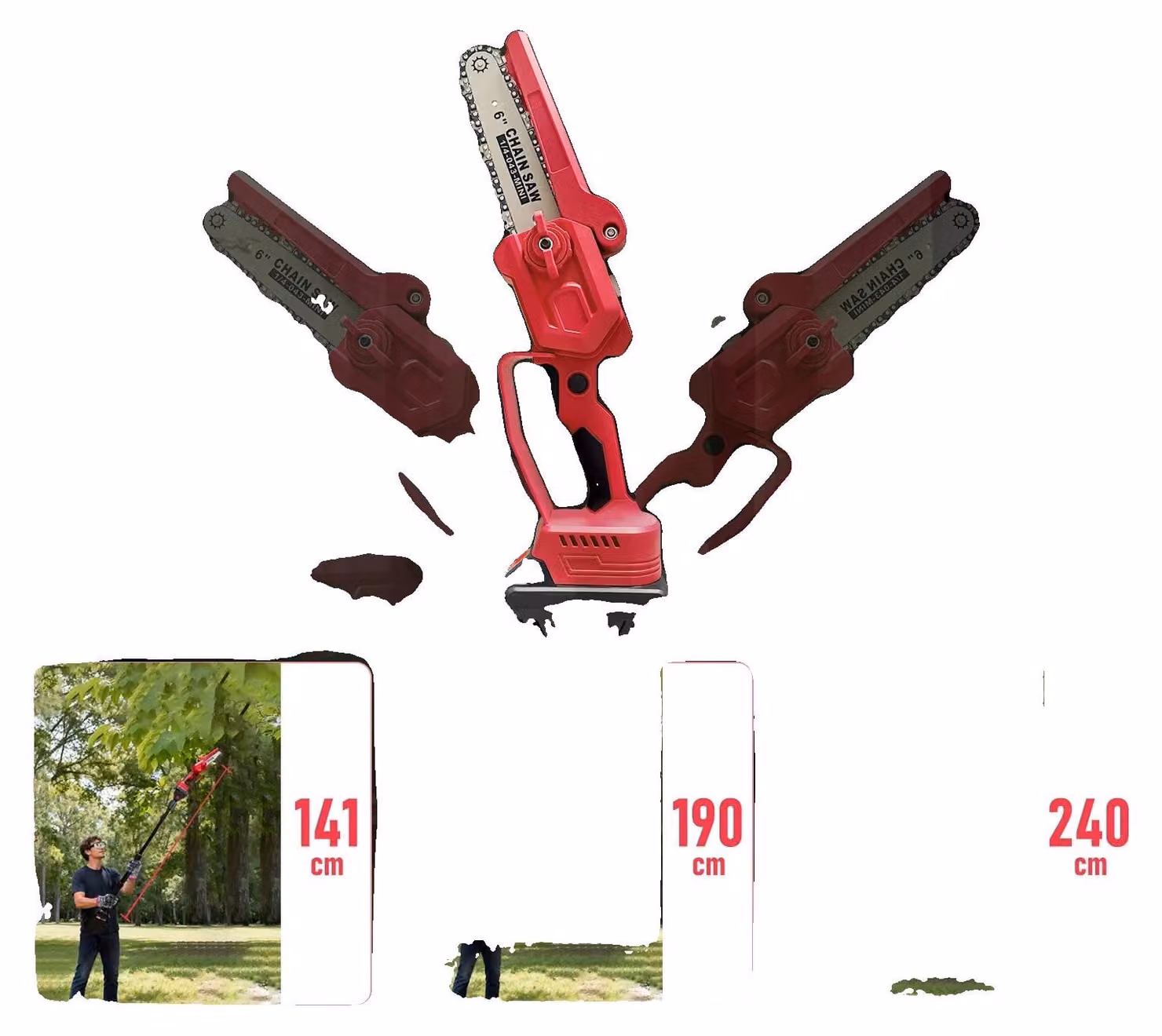 Attrezzo da giardino senza fili, motore brushless da 300W, prolunga da 240 cm, mini motosega, potatore elettrico, 2 batterie
