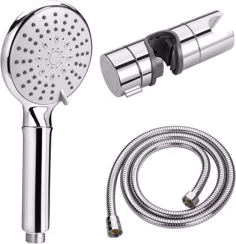 Doccia manuale con tubo flessibile e supporto, 5 getti, cromata, tubo flessibile da 150 cm, per bagno