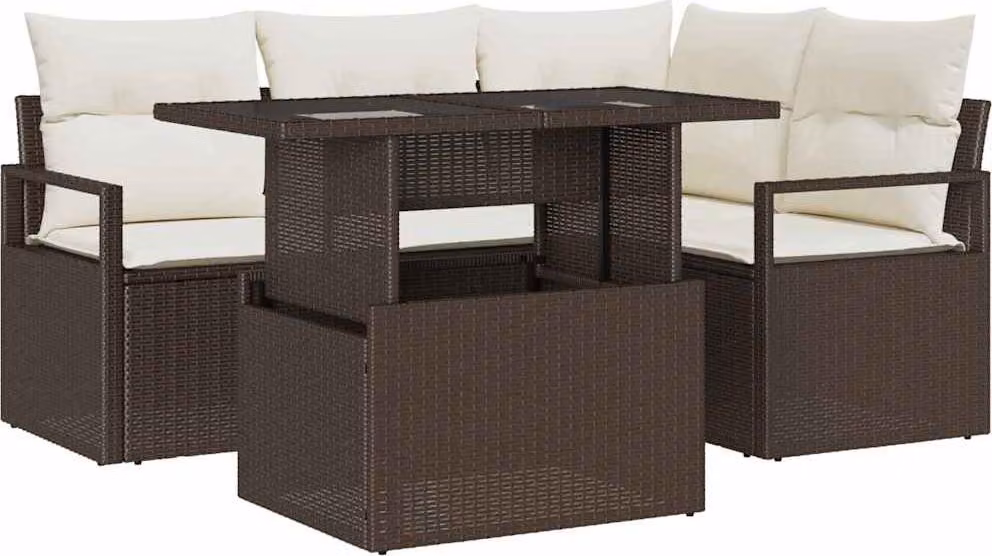 Set Divano da Giardino con cuscino 5 pcs Marrone Poly Rattan