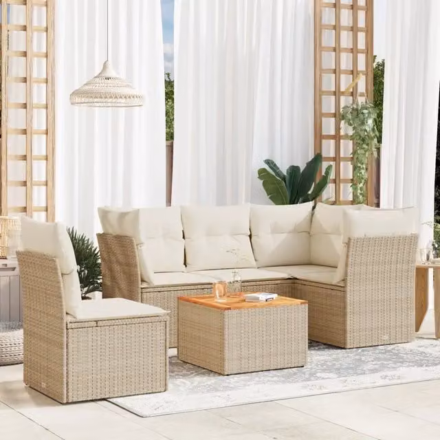 Set Divano da Giardino VIDAXL a L in Polyrattan Beige con 6 Cuscini Moderni