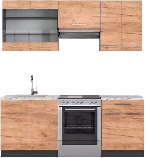 Cucina componibile Fame-Line Rovere dorato/Antracite 200 cm, PL Marmo Vicco