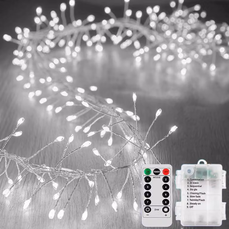 Catena luminosa da 3 metri, con 100 LED, filo argentato, alimentata a batteria, 8 modalità, luce bianca