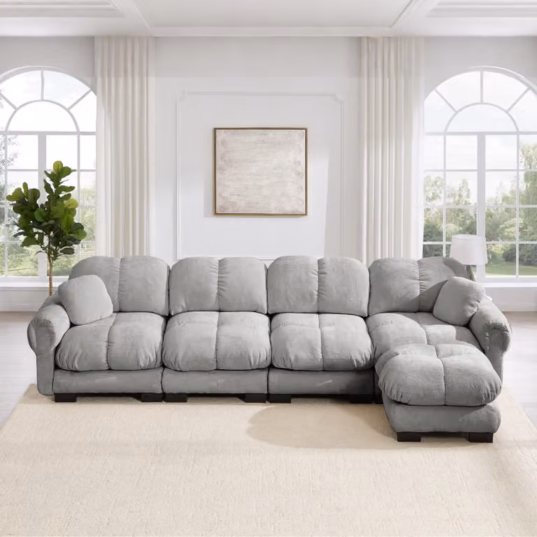 Divano angolare modulare per soggiorno, rivestito in chenille, con chaise longue mobile, design trapuntato (bianco), capacità: 4 posti