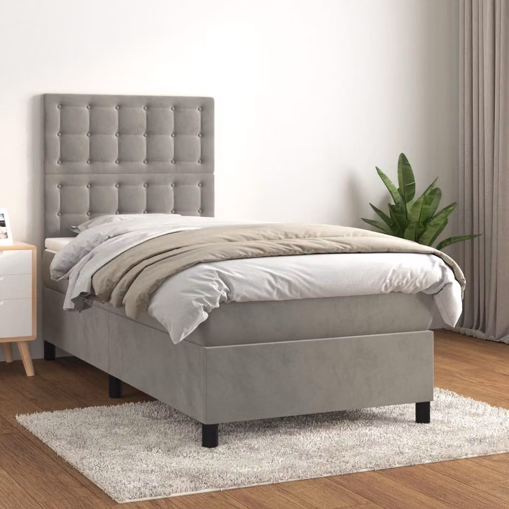 The Living Store Letto a molle con materasso grigio chiaro 80x200 cm in velluto