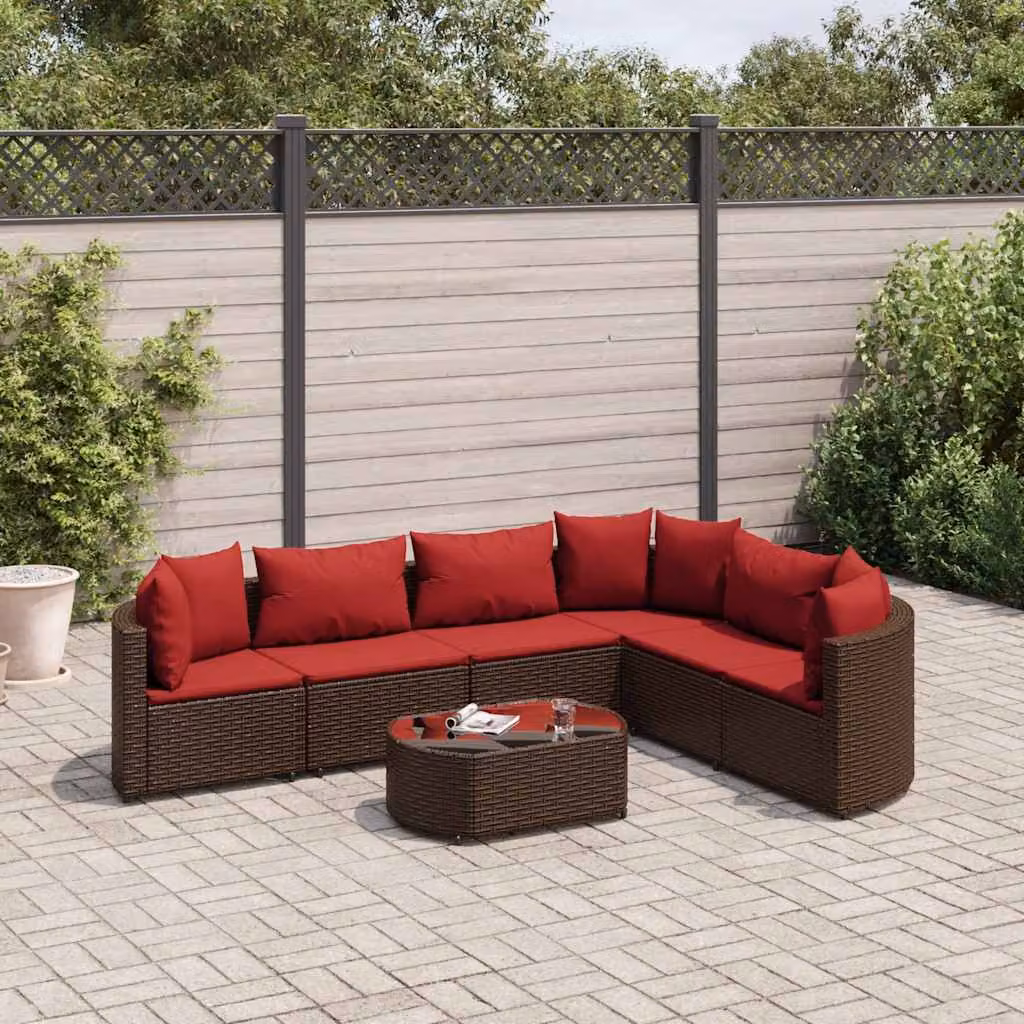 vidaXL Set Divani da Giardino 7 pz a Forma a L con Cuscini Marrone e Rosso in Polyrattan e Metallo – 1