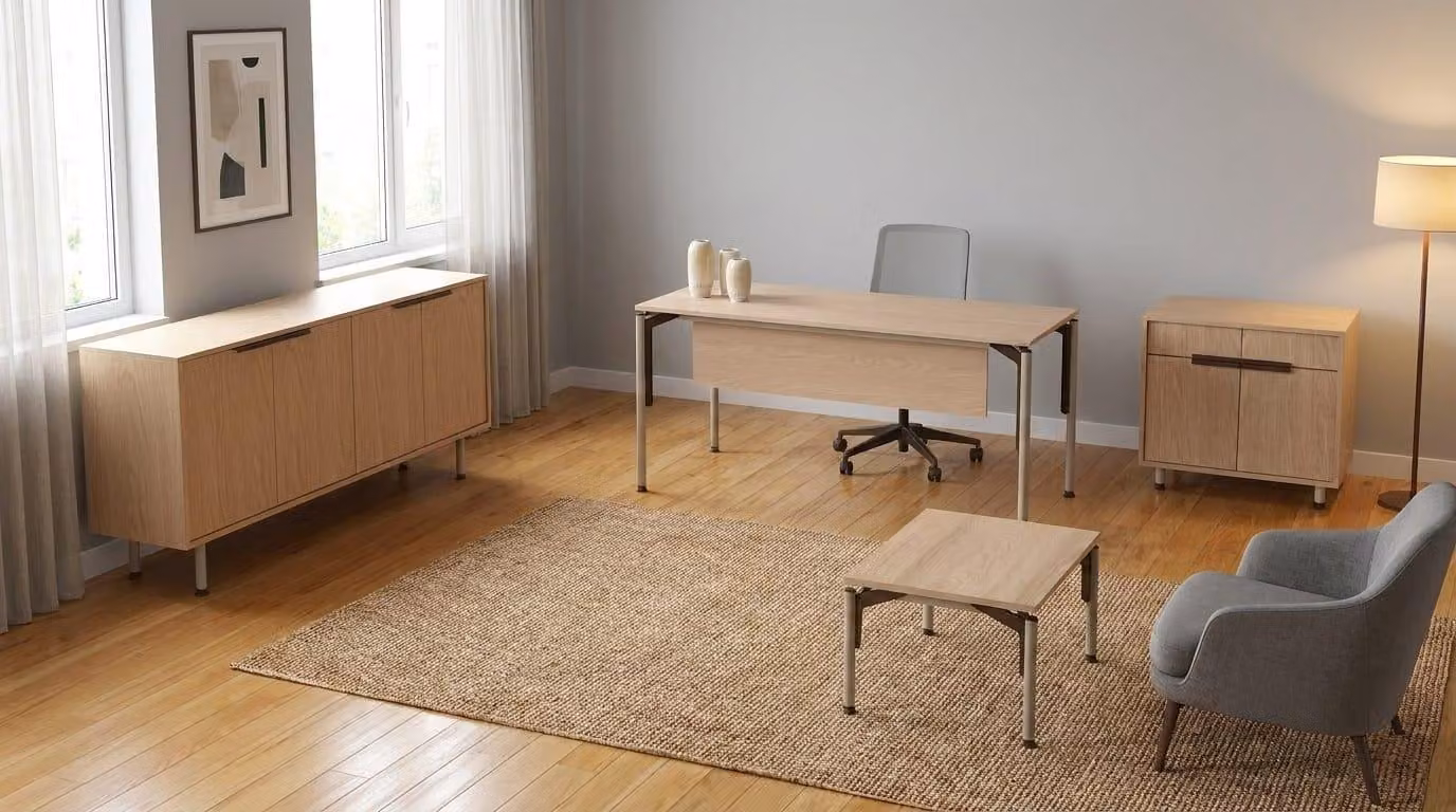 Set da ufficio in stile moderno, beige, in legno: scrivania, mobiletto laterale