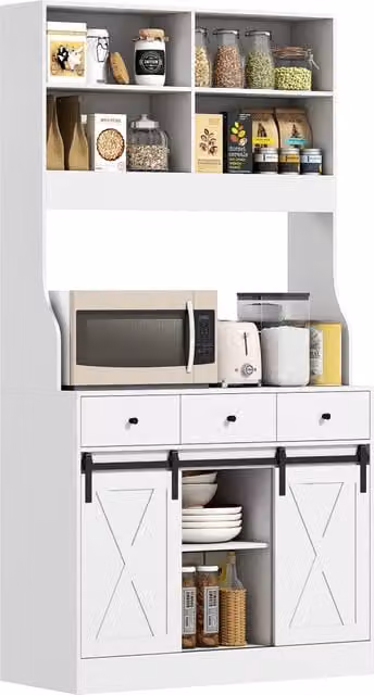 Mobile Credenza da Cucina in Legno Bianco con Cassetti Ante e Ripiani Regolabili Stile Rustico per Casa