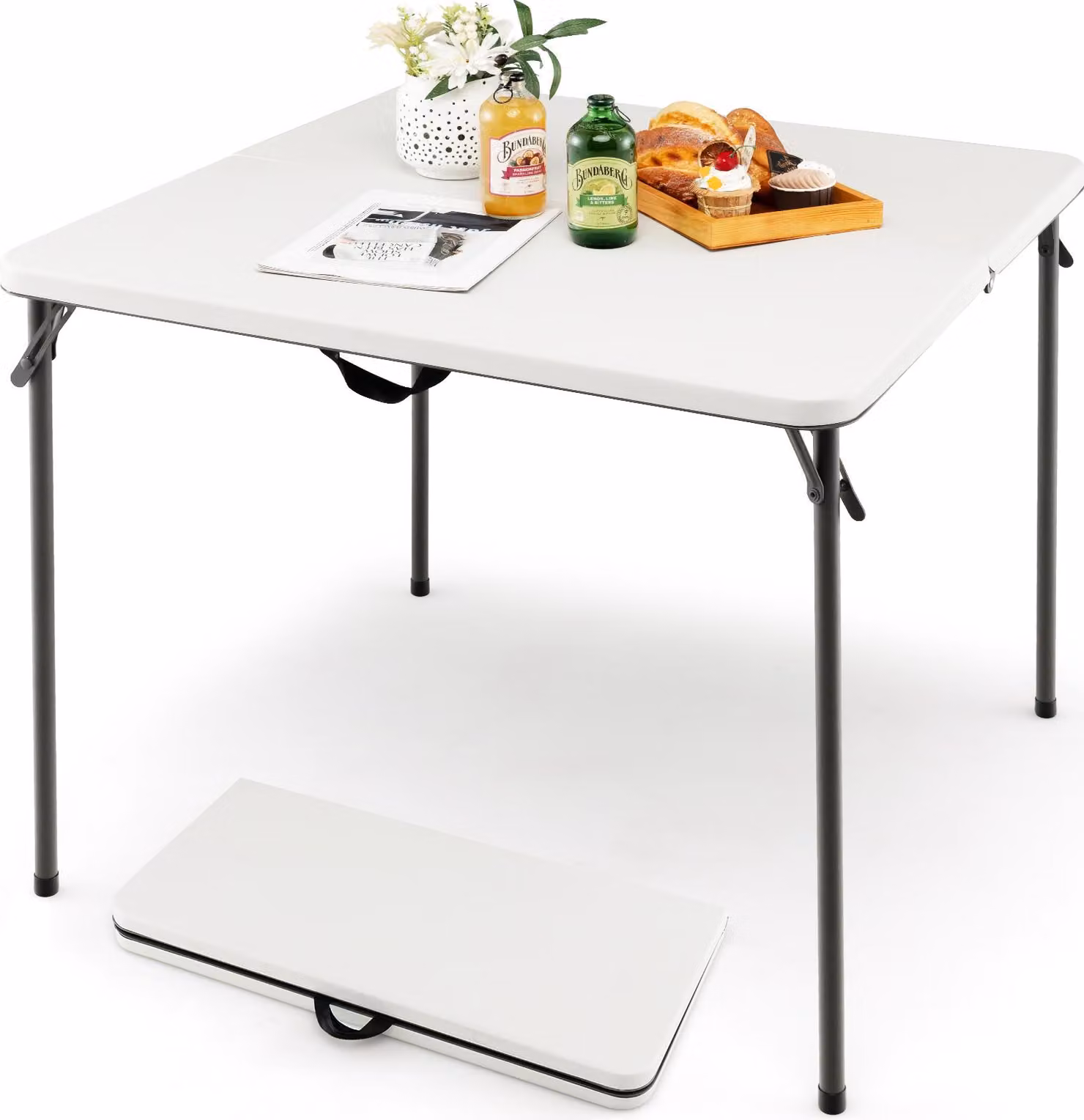 Tavolo pieghevole COSTWAY quadrato, tavolo da campeggio pieghevole per 4 persone, tavolo da giardino con piano in HDPE e maniglia per il trasporto, tavolo da pranzo da balcone portatile bianco
