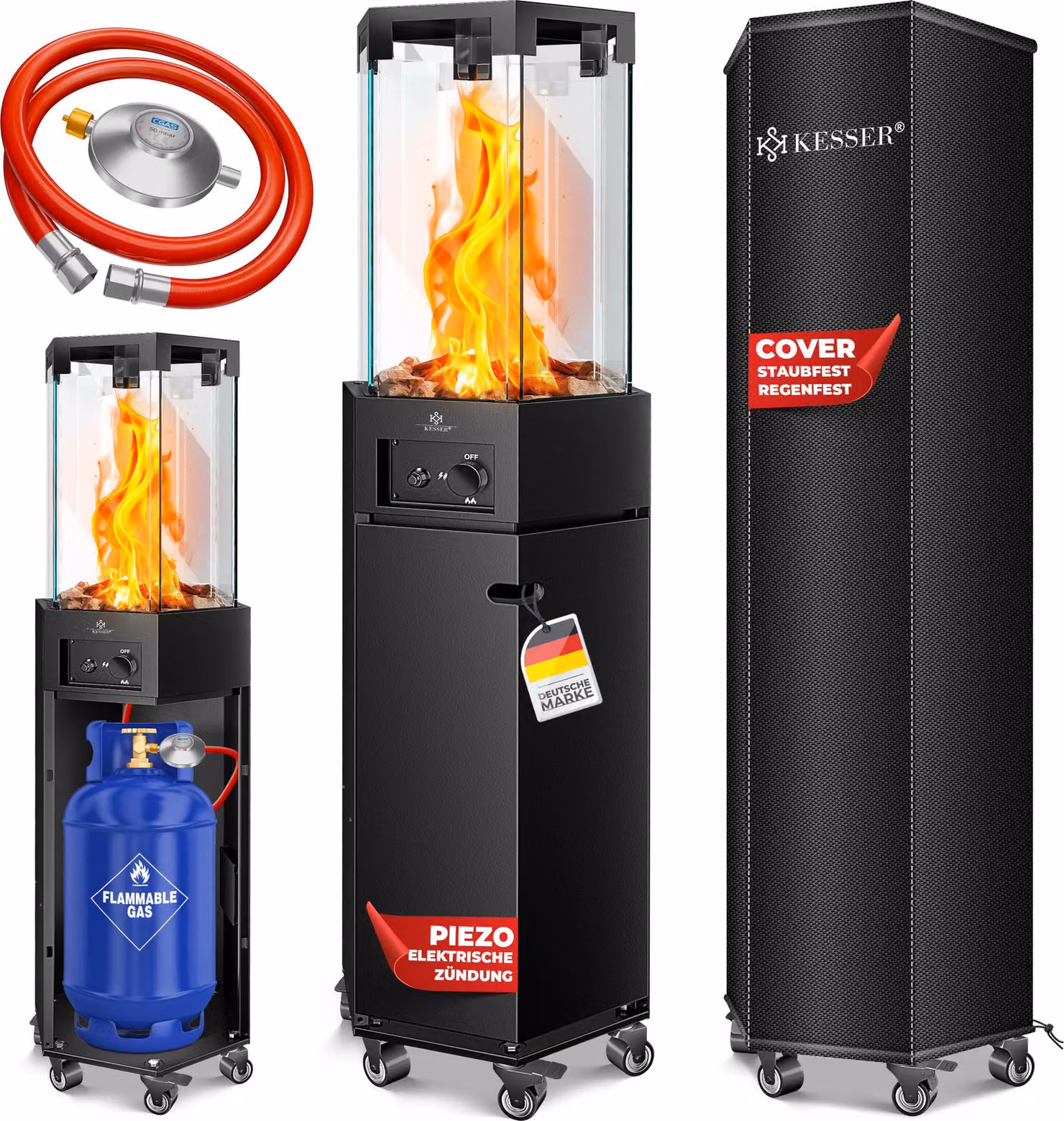 KESSER® stufa a gas radiante 4/8 kW stufa a gas ad accensione piezoelettrica + regolatore di pressione del gas + coperchio, rotelle a 360° protezione antiribaltamento, stufa da patio stufa a gas stufa a gas camino da esterno riscaldamento mobile a fungo,