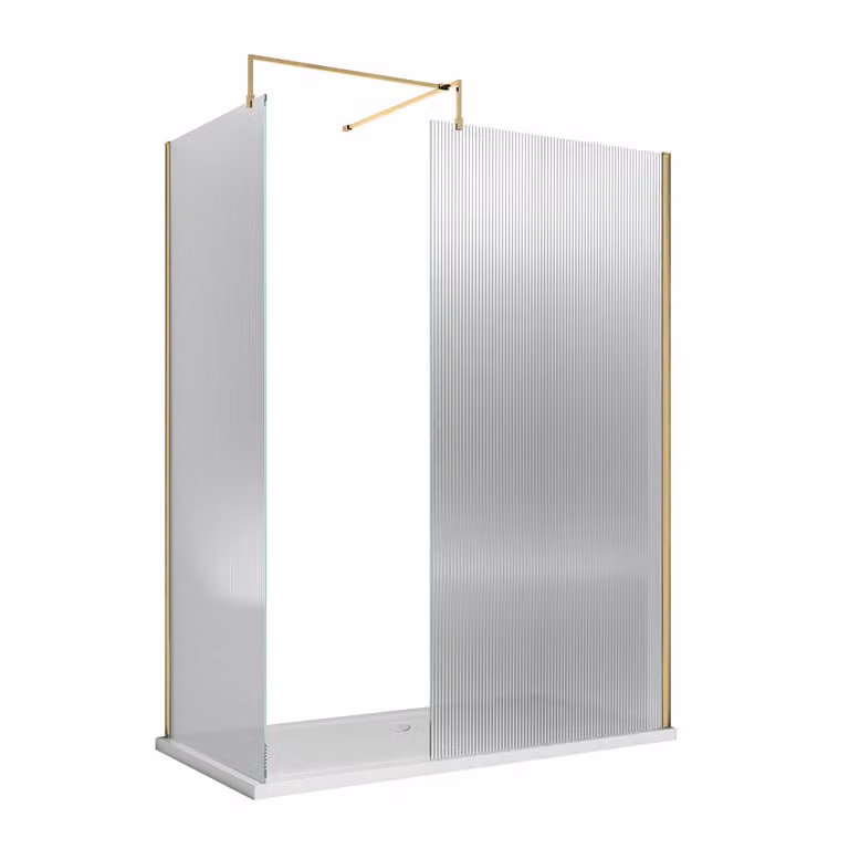 Box Doccia Walk In Ottone Spazzolato in Vetro Scanalato con Piatto Doccia - 1400mm x 800mm - Senza Anta Paraspruzzi