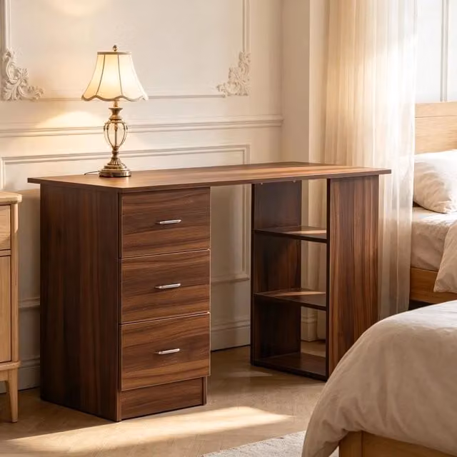 Scrivania da ufficio moderna Mivray in MDF color marrone con cassettiera, L: 120 cm, P: 49 cm, H: 72 cm