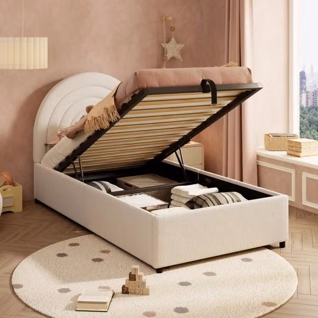 Letto contenitore singolo 90 × 200 cm con sollevamento idraulico, senza materasso, in tessuto bouclé beige