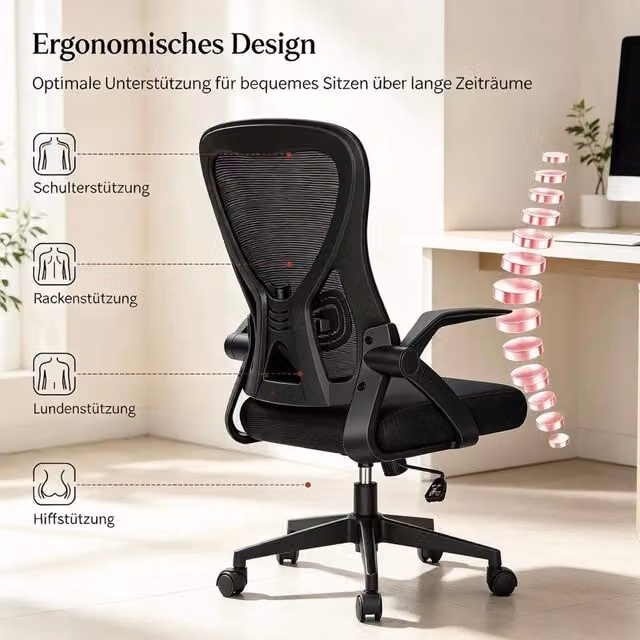 Sedia da ufficio ergonomica OKWISH nera con braccioli e seduta in tessuto, girevole a 360 gradi