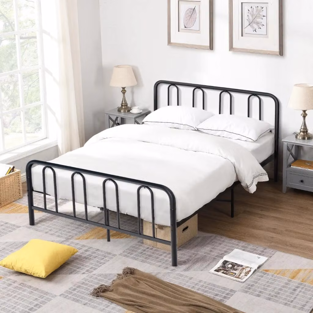 Struttura letto in metallo con testiera e pediera e supporto per materasso con doghe in acciaio, Nero, L/P/H: 197,5 x 142 x 101 cm – 2