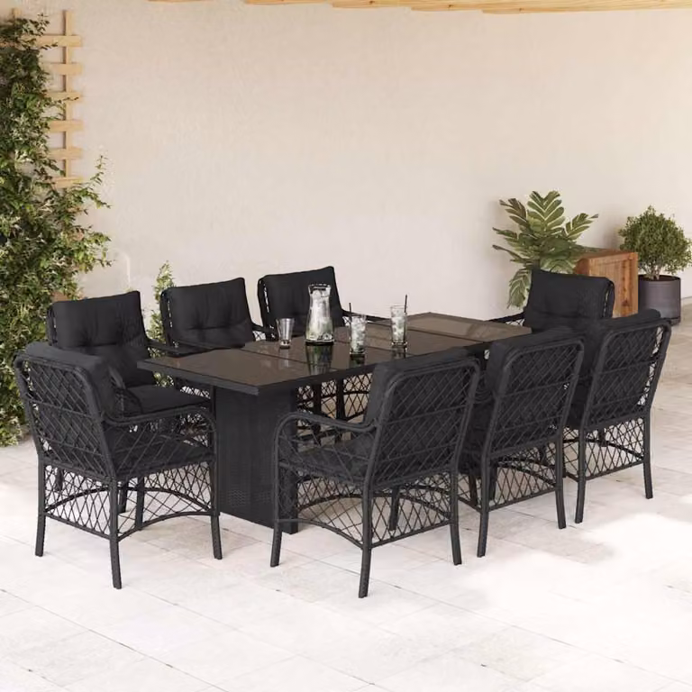 Set da Pranzo da Giardino vidaXL in Polyrattan Nero con Cuscini e Tavolo in Vetro, 9 Pezzi