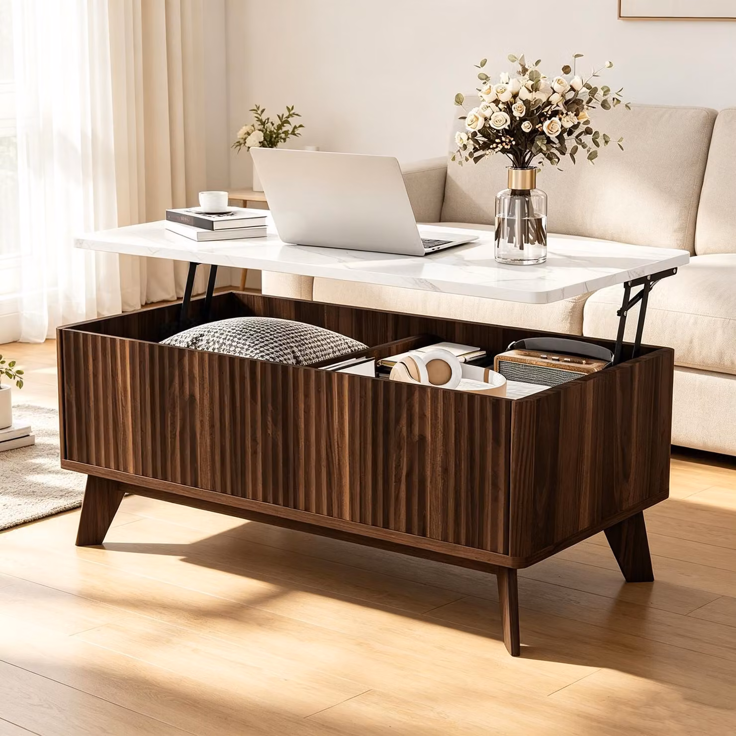 Tavolino da divano INONEFT con piano regolabile in altezza, tavolino moderno per il soggiorno con gambe in legno massello, tavolino multifunzionale, legno di noce e bianco