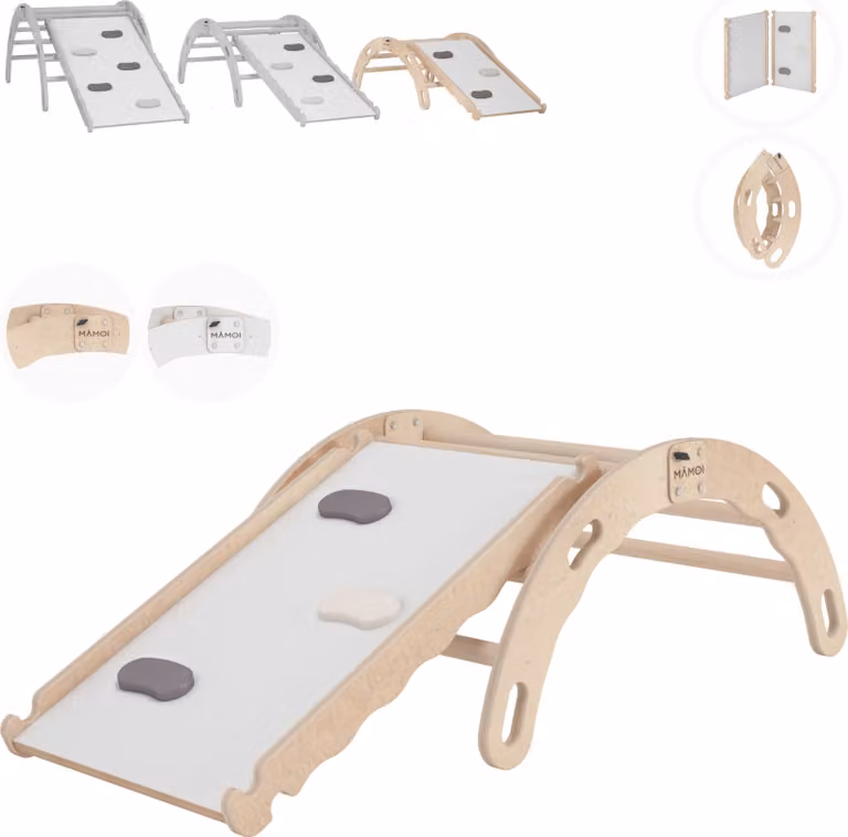 Arco di arrampicata MAMOI® con scivolo, triangolo di arrampicata, arrampicata per bambini, altalena arcobaleno in legno, arco in legno per bambini, tavola di scivolo per parco giochi, mini struttura di arrampicata indoor da 1/2/3 anni