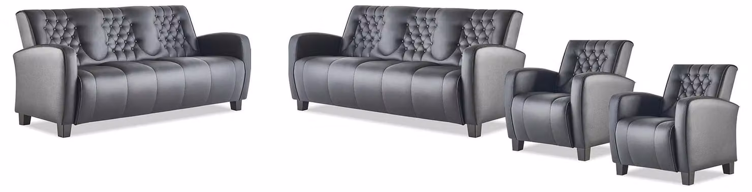 Chesterfield Sofa-Set 3-Sitzer Sessel Schwarz Lehnsessel Couch Leder Holz