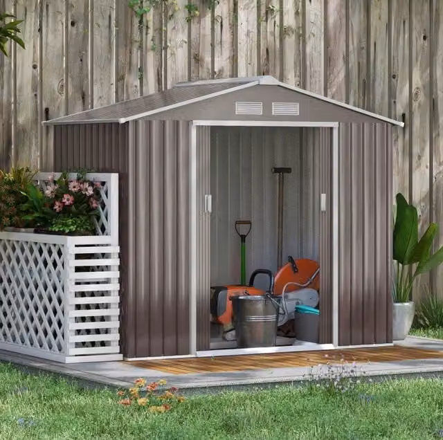 Casetta da giardino ULEVR 213x130x185 cm in acciaio grigio con 2 porte scorrevoli e aperture di ventilazione