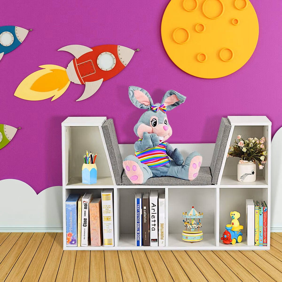 Costway Libreria per Bambini in Legno con 6 Scomparti e Sedia, Colore Bianco