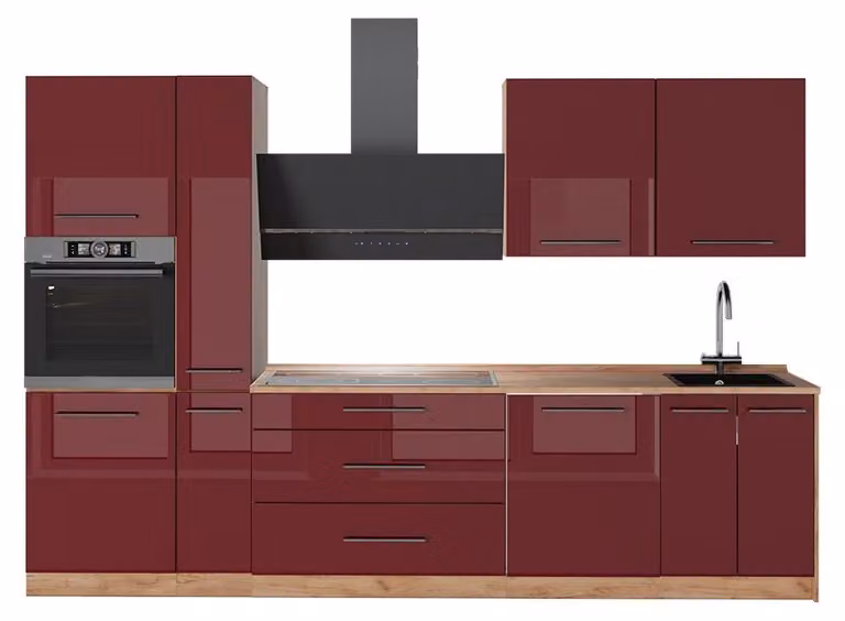 Cucina componibile Vicco Fame-Line Bordeaux lucido/Rovere dorato 310 cm, PL Rovere, Model 64305