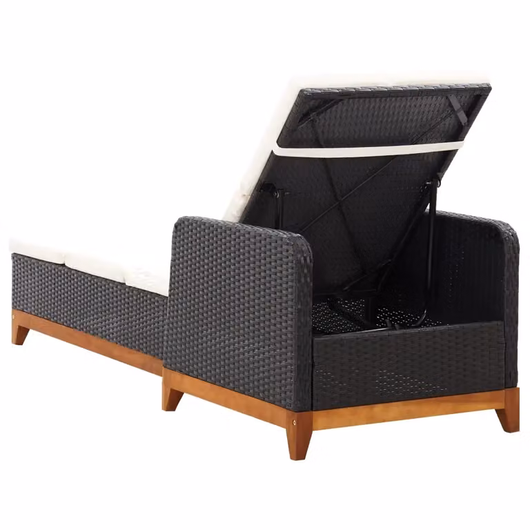 Lettino prendisole vidaXL in polyrattan e legno di acacia oliato con poggiatesta regolabile e braccioli, bianco e nero