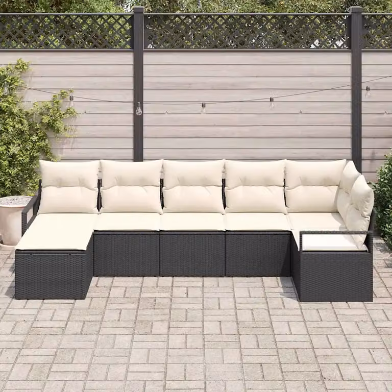 Set di divani da giardino vidaXL in polyrattan nero con cuscini beige, 7 pezzi