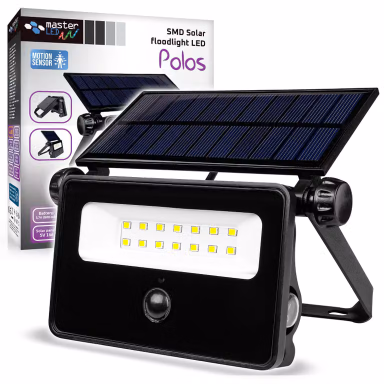MasterLED Proiettore solare 20W 800lm Lampada solare senza fili per esterni IP54, 4500K, sensore PIR e sensore crepuscolare, luce a parete per giardino nero