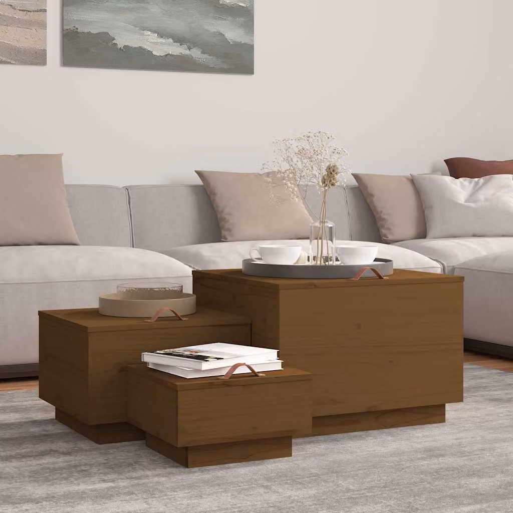 Set di 3 contenitori portaoggetti con coperchio e maniglie vidaXL in legno massello di pino, colore marrone