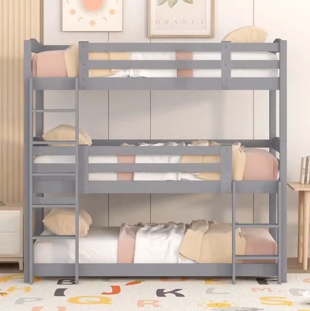 Letto a castello triplo 90x200 cm in pino grigio per bambini