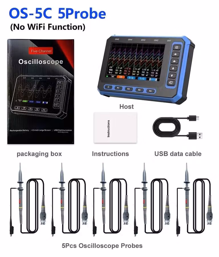 Oscilloscopio digitale - OS-5C - 5 canali - 5 sonde di misura - Larghezza di banda di 1 MHz - Display IPS da 10,9 cm - Batteria rimovibile