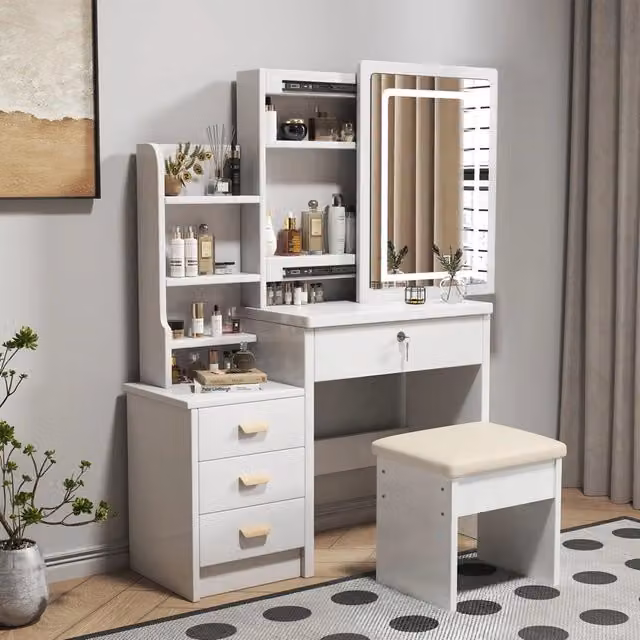 Desviae Toeletta con specchio LED a tre modalità in MDF bianco con cassetti e ampio spazio contenitore