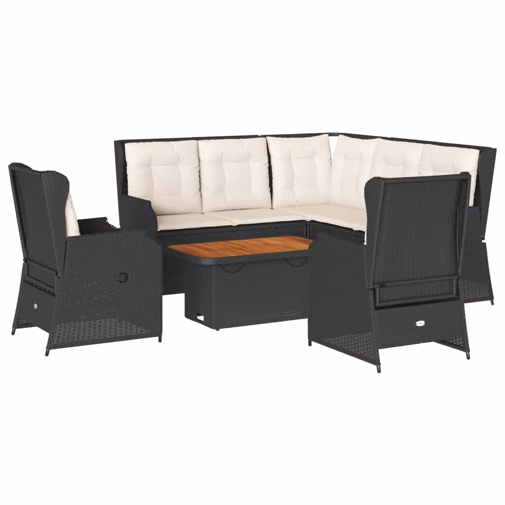 set 6 pezzi da giardino con cuscini in poly rattan nero
