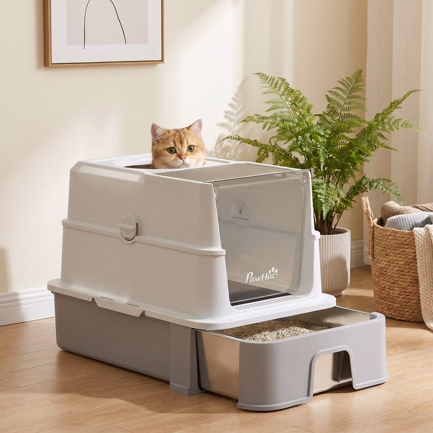 Lettiera per gatti PawHut con coperchio rimovibile, cassetto scorrevole, paletta e sacchetti filtranti, Grigio, L 60 cm x P 40 cm x H 45 cm – 2