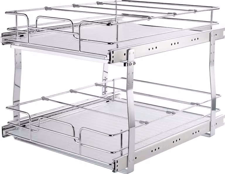 SucceBuy Organizzatore per armadietti estraibili a 2 livelli, 19" L x 20" P, robusti ripiani scorrevoli in acciaio cromato per la cucina, il bagno, il ripostiglio sottolavello