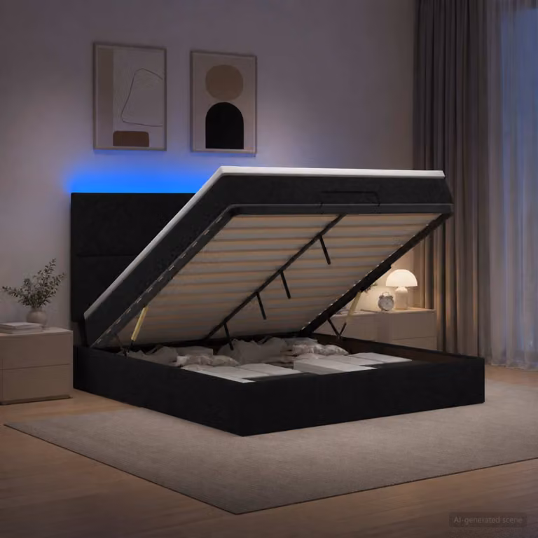 Letto Ottomano vidaXL con Materasso Ibrido e Illuminazione LED Sotto il Letto, Colore Nero e Bianco, L/P/H: 200 x 140 x 88 cm