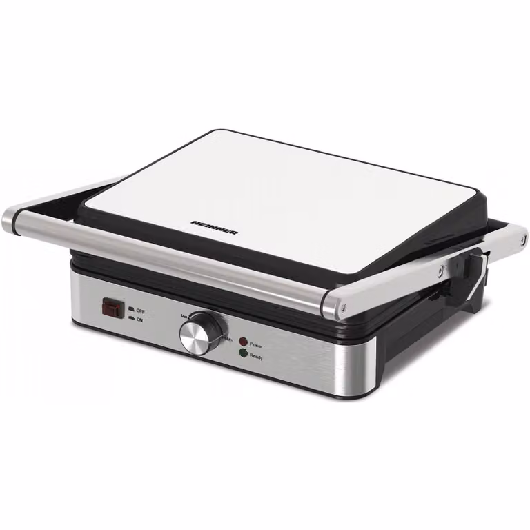 Griglia elettrica Heinner SunsetGrill HEG-K2000SS, 2000W, piastre fisse con rivestimento antiaderente, dimensioni delle piastre: 30 x 24,9 cm, temperatura regolabile, maniglia termoisolante, apertura a 180°, indicatori luminosi "ON" e "pronta all'uso", va