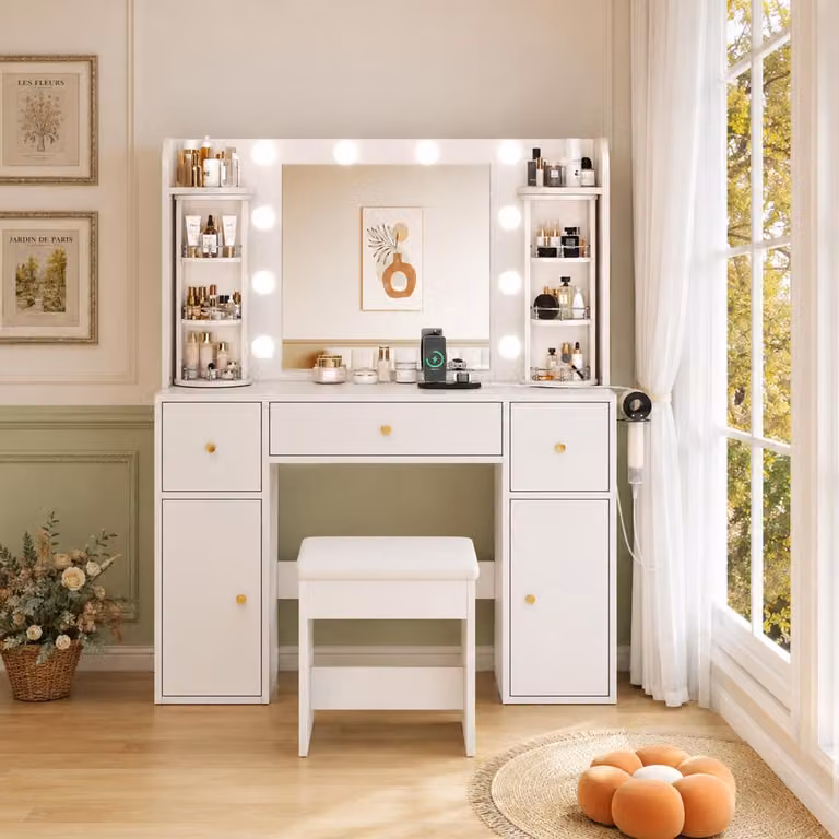 Comò da trucco 115x141x40, con specchio, illuminazione LED dimmerabile, organizer per gioielli, porta USB-C, supporto per asciugacapelli, 3 cassetti, 2 ante