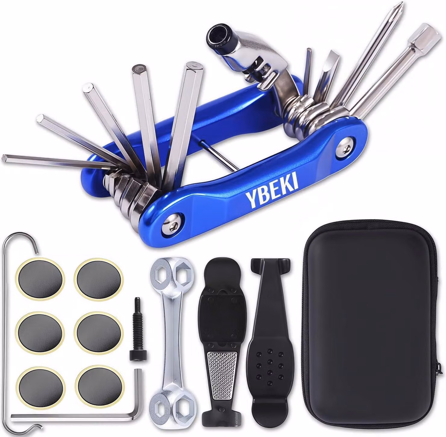 Kit di riparazione per biciclette multifunzione, 3-in-1: accendino per pneumatici con toppe autoadesive, attrezzo multifunzione con perni per catena e borsa da sella impermeabile per riparazioni