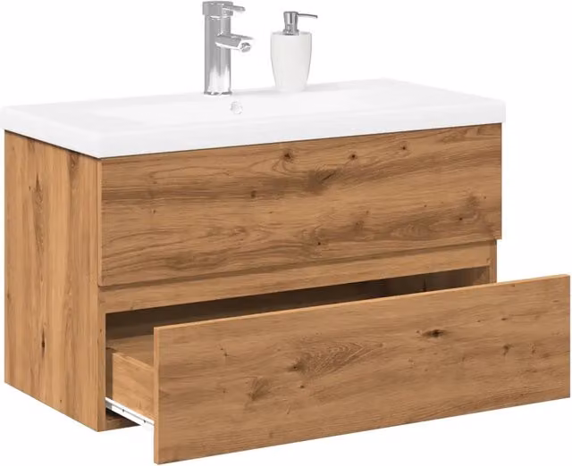 Mobile da bagno sospeso vidaXL con lavabo in ceramica bianca e struttura in rovere opaco L/P/H: 80 x 38,5 x 45 cm