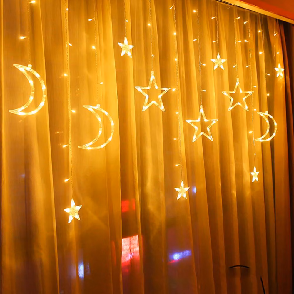 Stella luna LED luci fiabesche, tenda luminosa per interni 8 modalità, luci di Natale bianco caldo, finestra decorazione di Natale