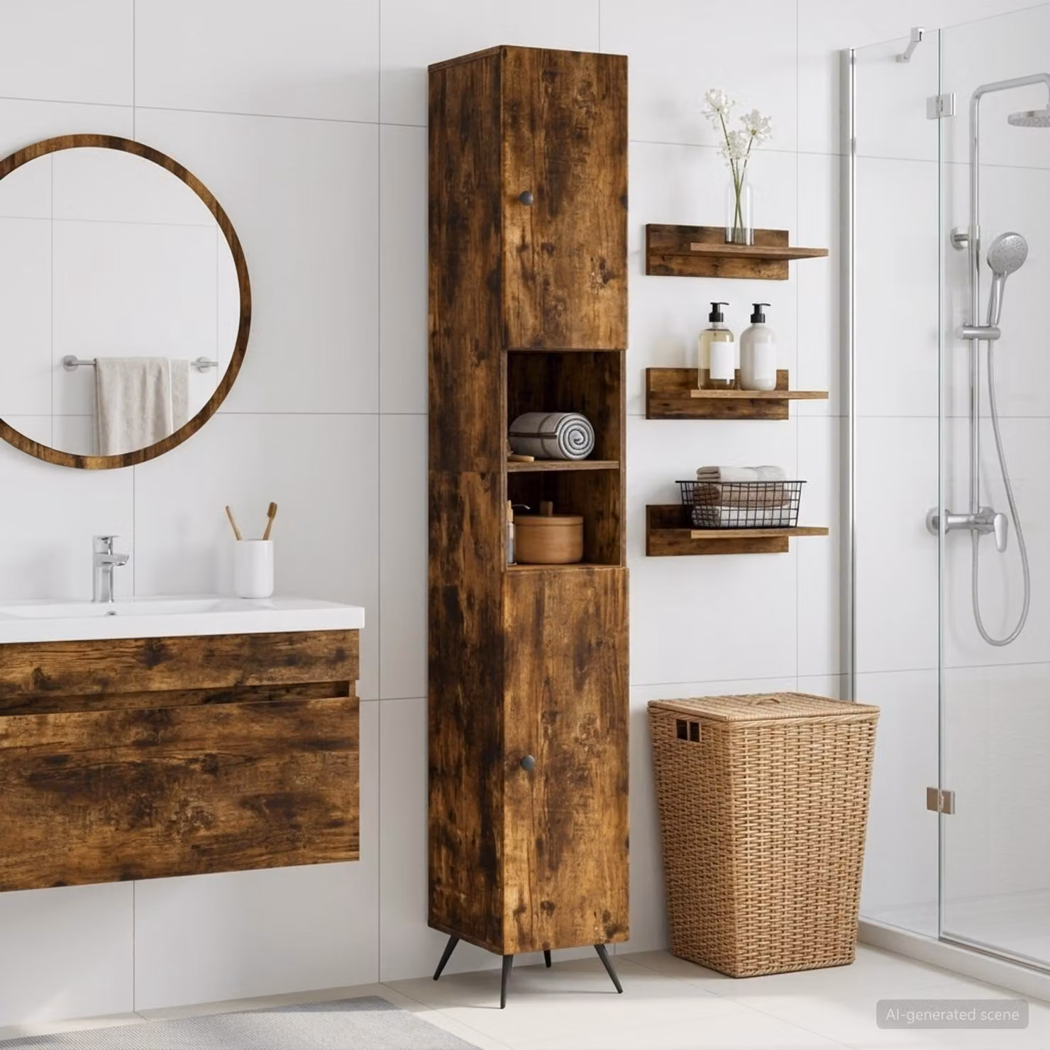 Armadio da Bagno Moderno vidaXL BREDA con Ripiano Aperto e Ante a Battente, Rovere Fumo e Nero, L/P/H: 31 x 23,4 x 190 cm