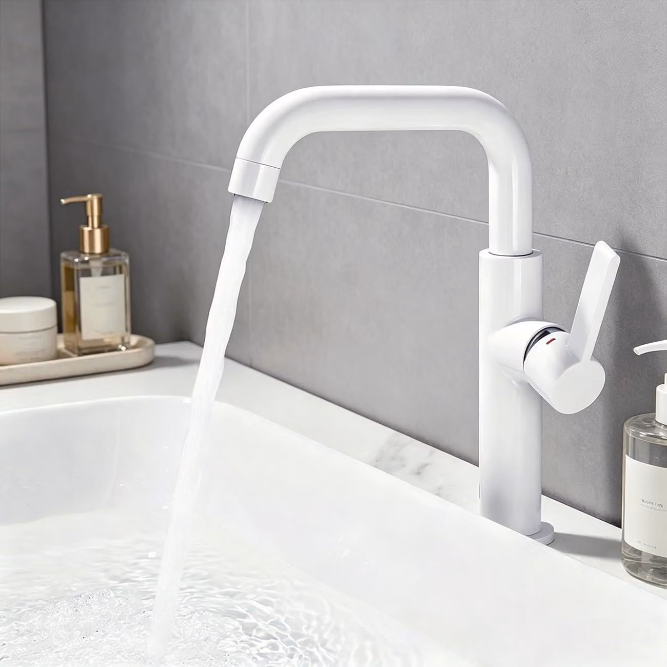 Miscelatore monocomando per lavabo, bianco, altezza 214 mm, con soffione estraibile, per bagno