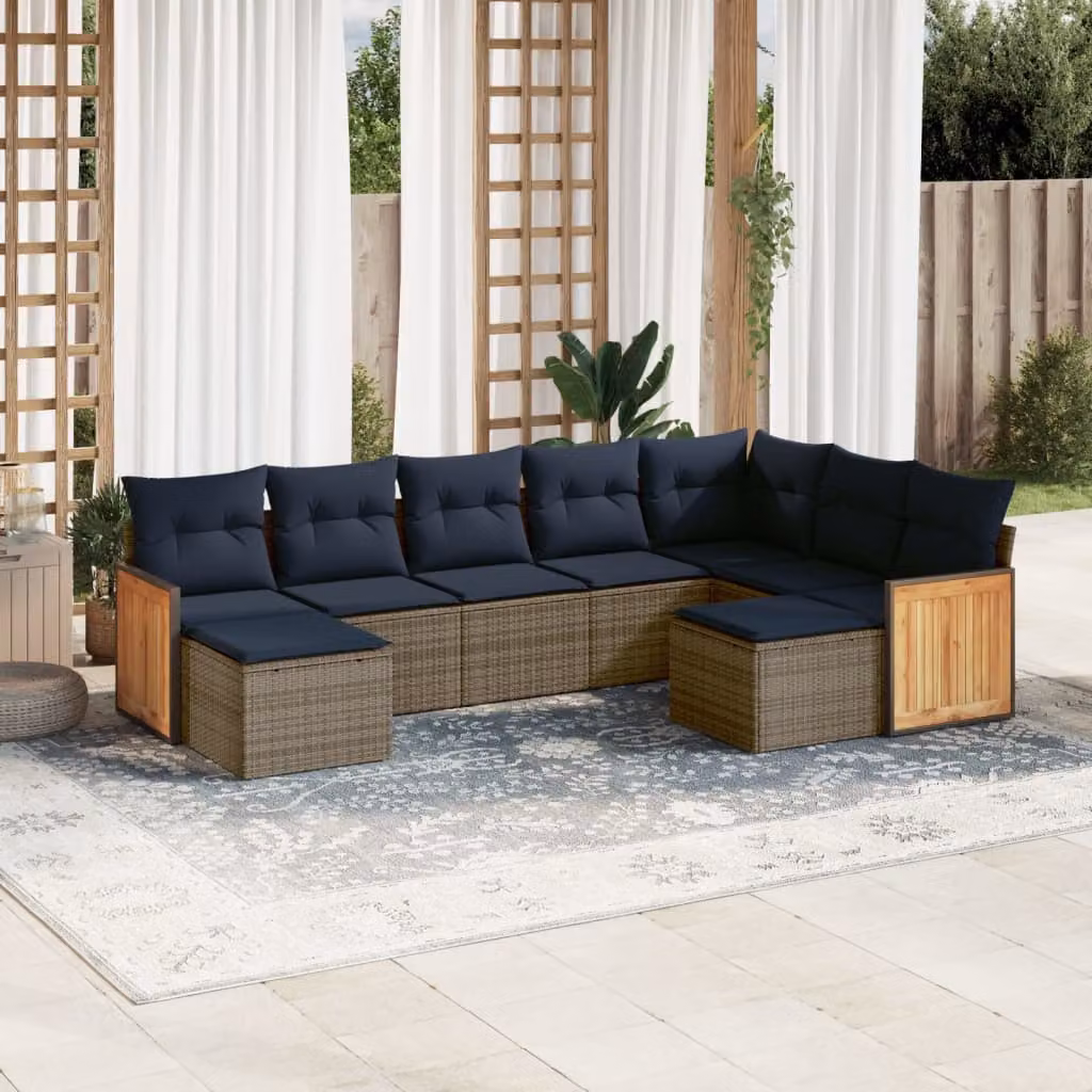 Set Divani da Giardino vidaXL 9 pz in Polyrattan Grigio con Cuscini e Struttura in Legno di Acacia