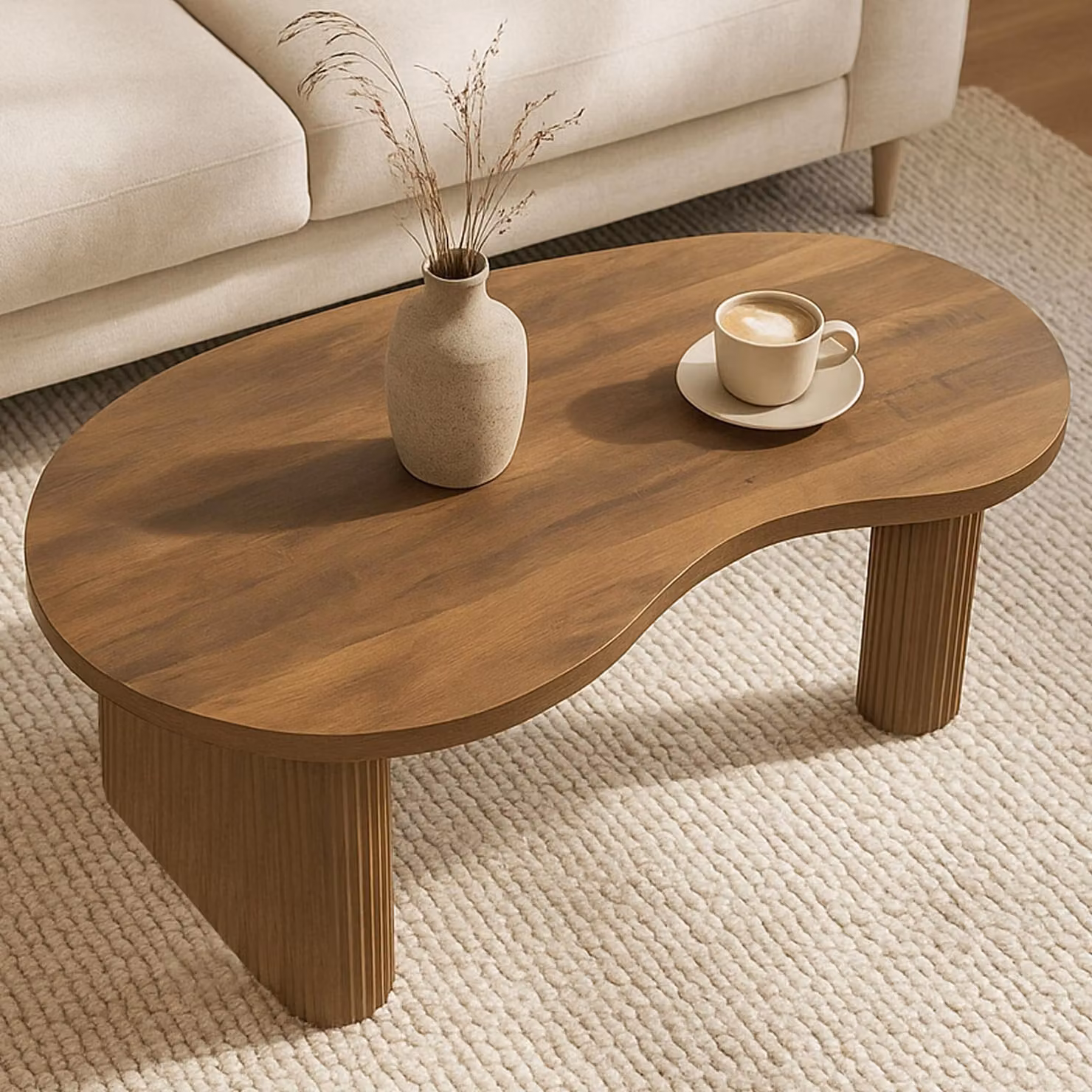 Tavolino HWC-O29, tavolino da divano, forma organica in legno melaminico, 45x110x60cm ~ aspetto legno marrone