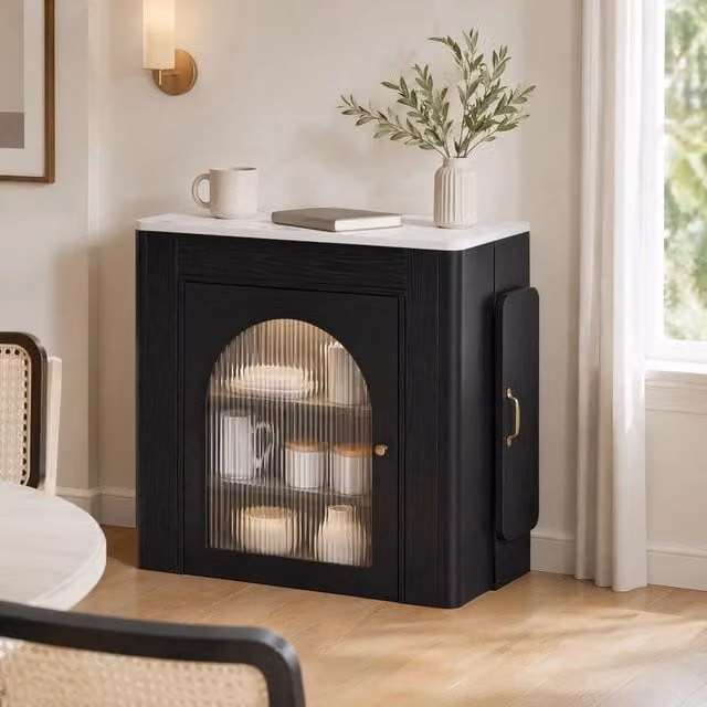 Tavolo da pranzo estraibile con ruote, piano in MDF nero, funzionale come isola cucina o carrello multifunzione
