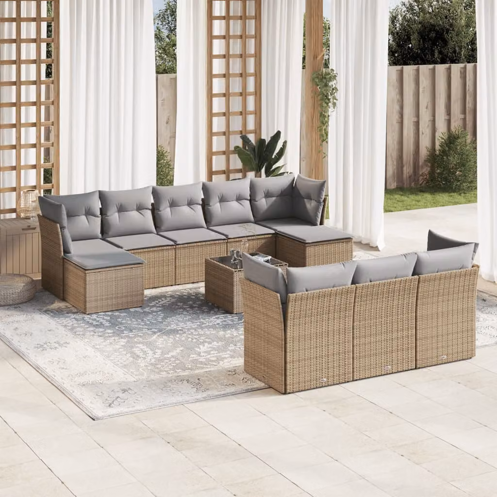 vidaXL Set Divani da Giardino 11 pz a Forma a U con Cuscini Beige e Tavolino, Struttura in Metallo e Polyrattan per Terrazza e Giardino – 1