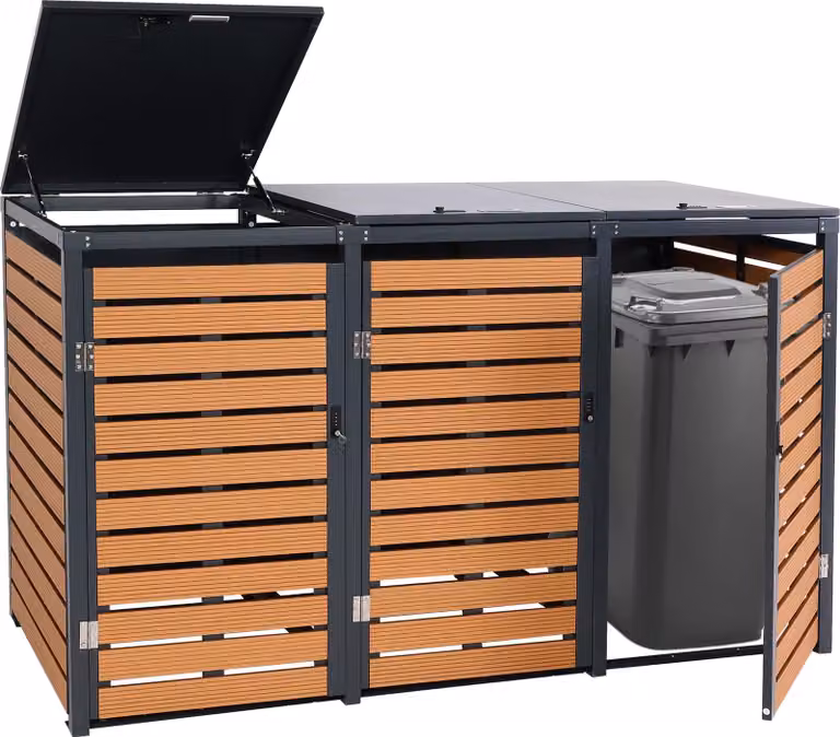contenitore per 3 cassonetti HWC-K14, coperchio per cassonetti, 119x205x84cm WPC metallo 109kg ~ look teak