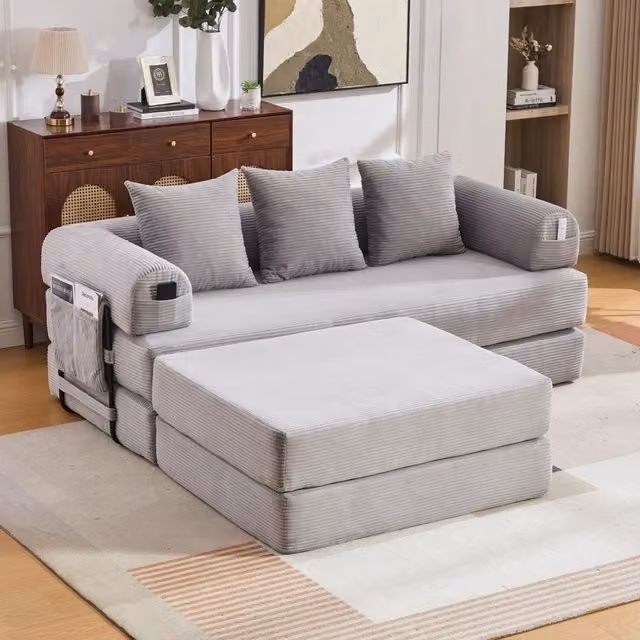 Divano angolare modulare MIVRAY in velluto a coste grigio con pouf reversibile e 3 cuscini, struttura in metallo e funzione letto, L/P/H: 200 x 167 x 67 cm – 1