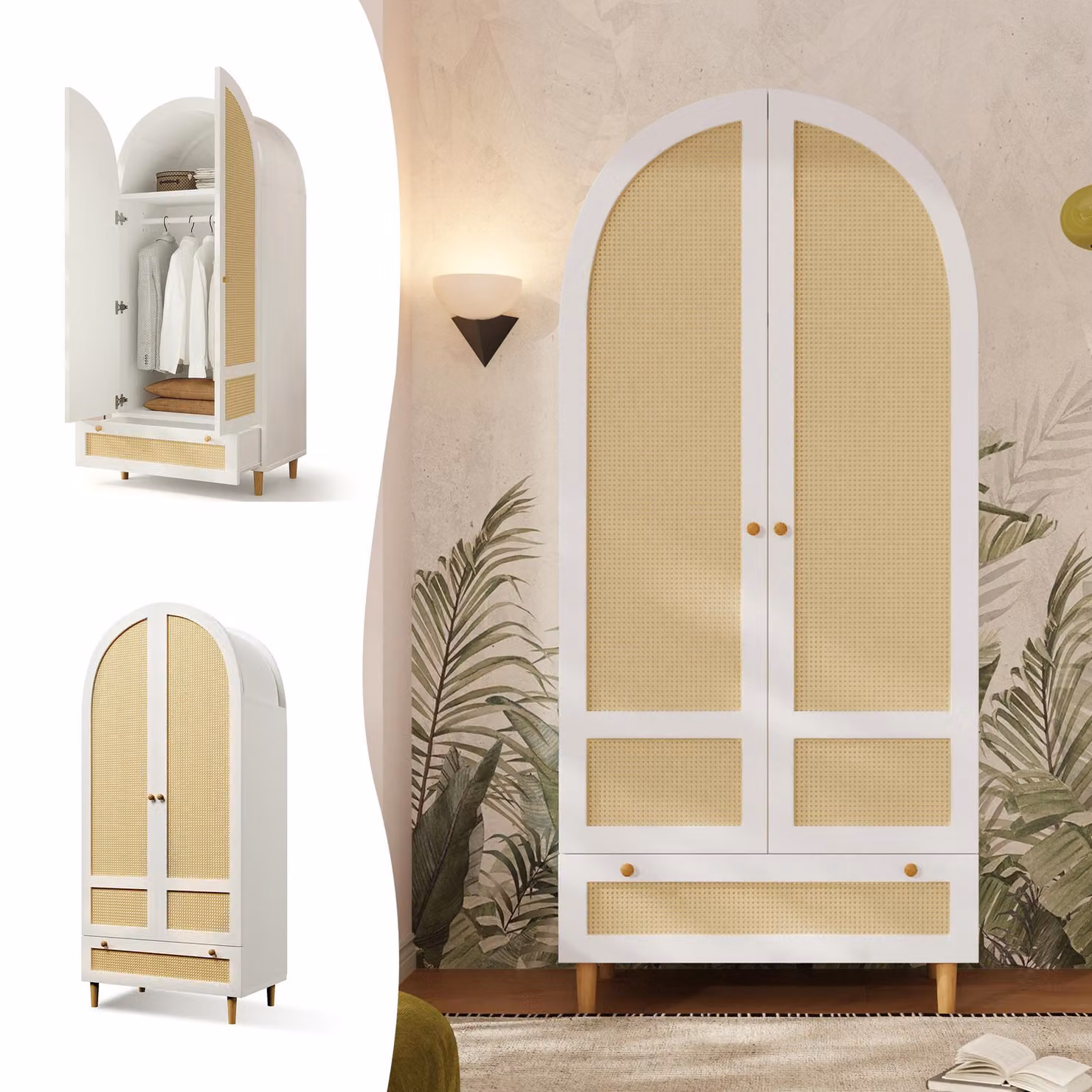Armadio Merax con aspetto rattan, armadio da camera da letto con design ad arco, armadio per la biancheria con asta appendiabiti e cassetto, armadio guardaroba, bianco
